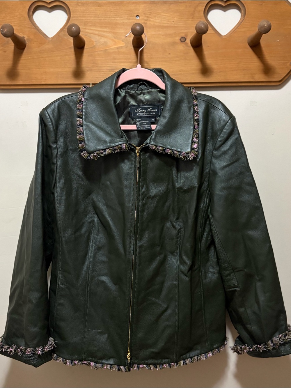 Terry Lewis Genuine Leather Jacket 1X Dark Green Fringe Trim Y2K Vintage Style
